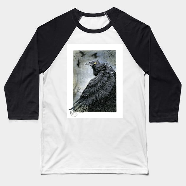 A Crow's Shadowed Wings Baseball T-Shirt by drakhenliche